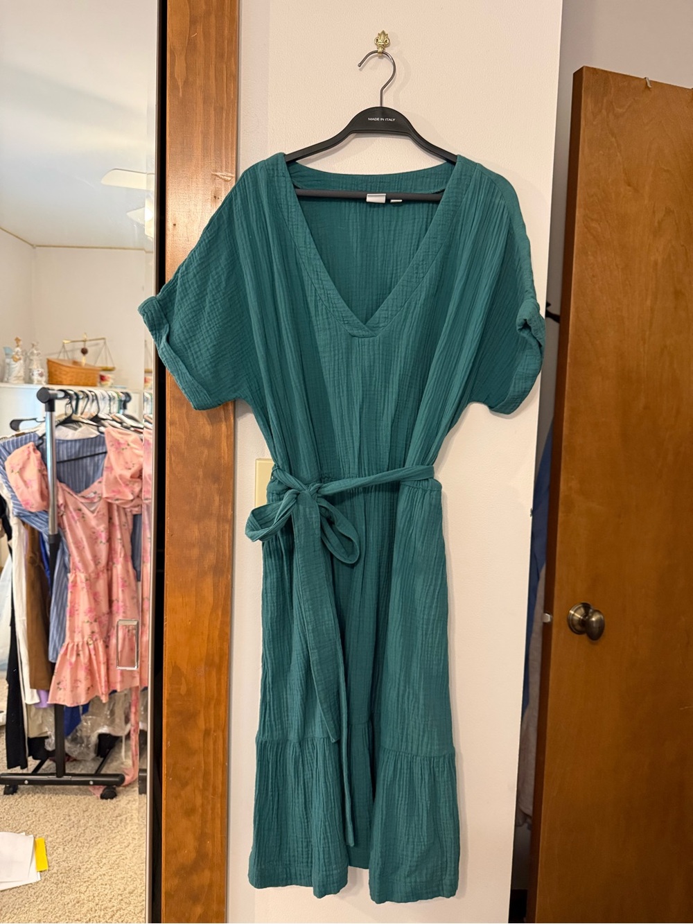 GAP Teal V-Neck Tie-Waist Midi Dress